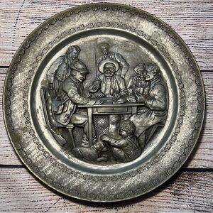 Vintage 12” German Pewter Wall Plate Tavern Card Scene Angel‎ Mark Gallery Wall